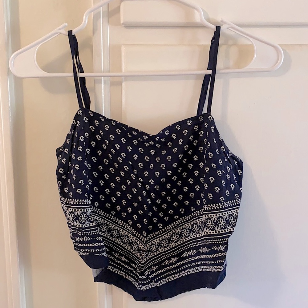Blue/white cropped tank top.